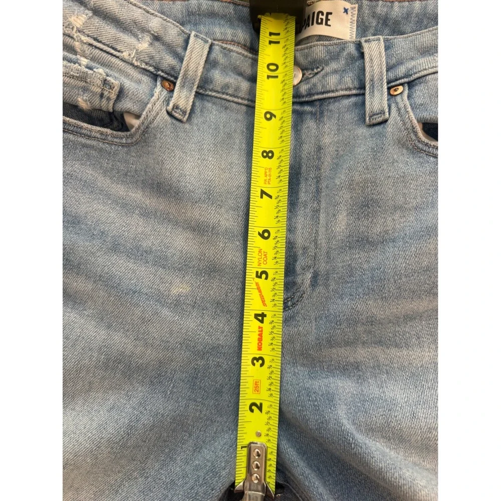 PAIGE Cindy High Rise Straight Leg Distressed Jeans Light Blue Raw Hem. Stretch.